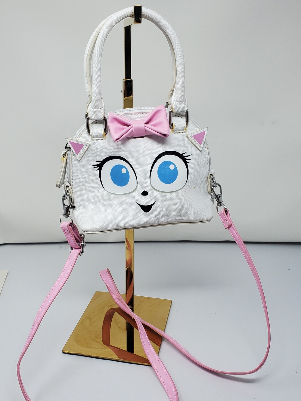 White Cat Face Crossbody Bag with Pink Bow